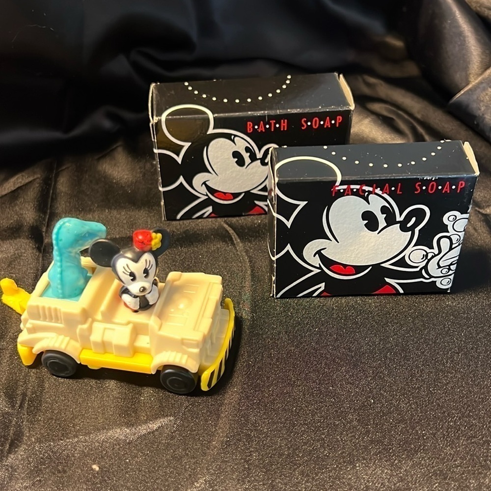 Disney facial and bath soap and toy car lot. Mickey Mouse resort soaps.